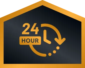 Gold 24 Hour Clock Icon With An Arrow, Inside A House-Shaped Border On A Black Background.