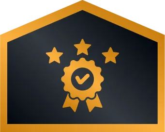 Gold Badge With A Checkmark And Ribbons Below Three Stars, All On A Dark Background Shaped Like A House Outline.