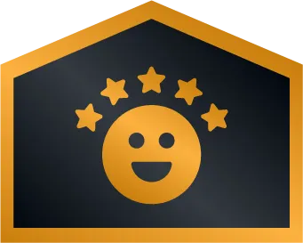 Gold Outline Of A House With A Smiling Face And Five Stars Above It, Symbolizing High Satisfaction Or A Five-Star Rating.