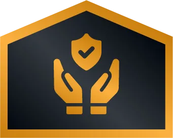 An Icon Of Two Hands Holding A Shield With A Check Mark Inside, Symbolizing Protection Or Security, Set Within A Gold-Bordered Hexagon.