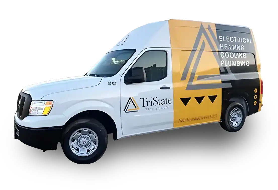White Tristate Service Van With Geometric Yellow And Black Design, Featuring Text For Electrical, Heating, Cooling, And Plumbing Services On The Side.